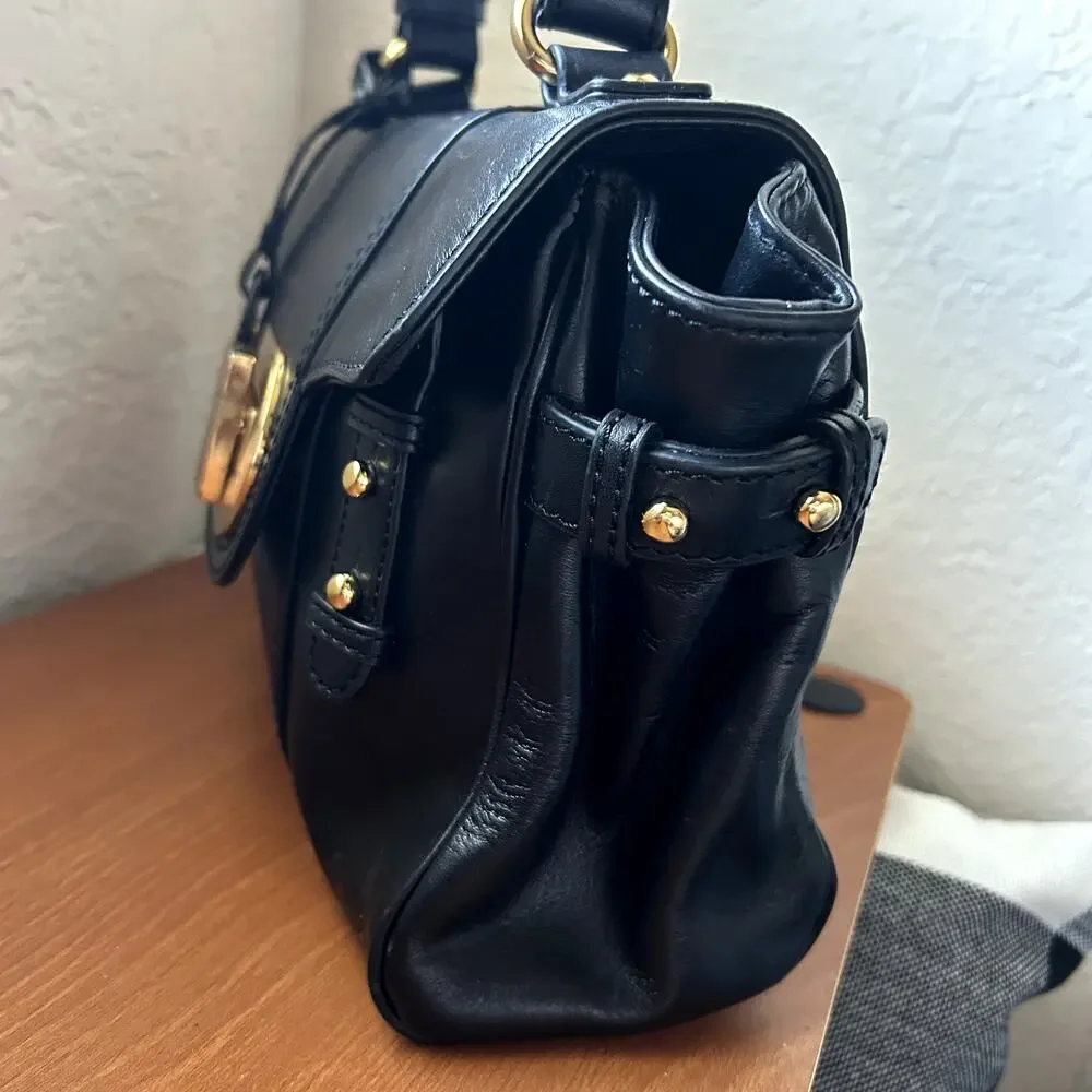 Badgley Mischka Keyra Satchel Black Leather Gold Turnlock Classic Handbag